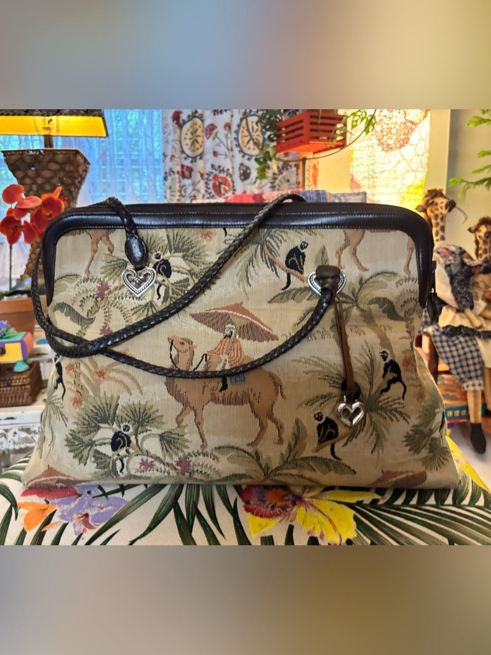 Camel Motif Tapestry Travel Bag in Beige and Brown